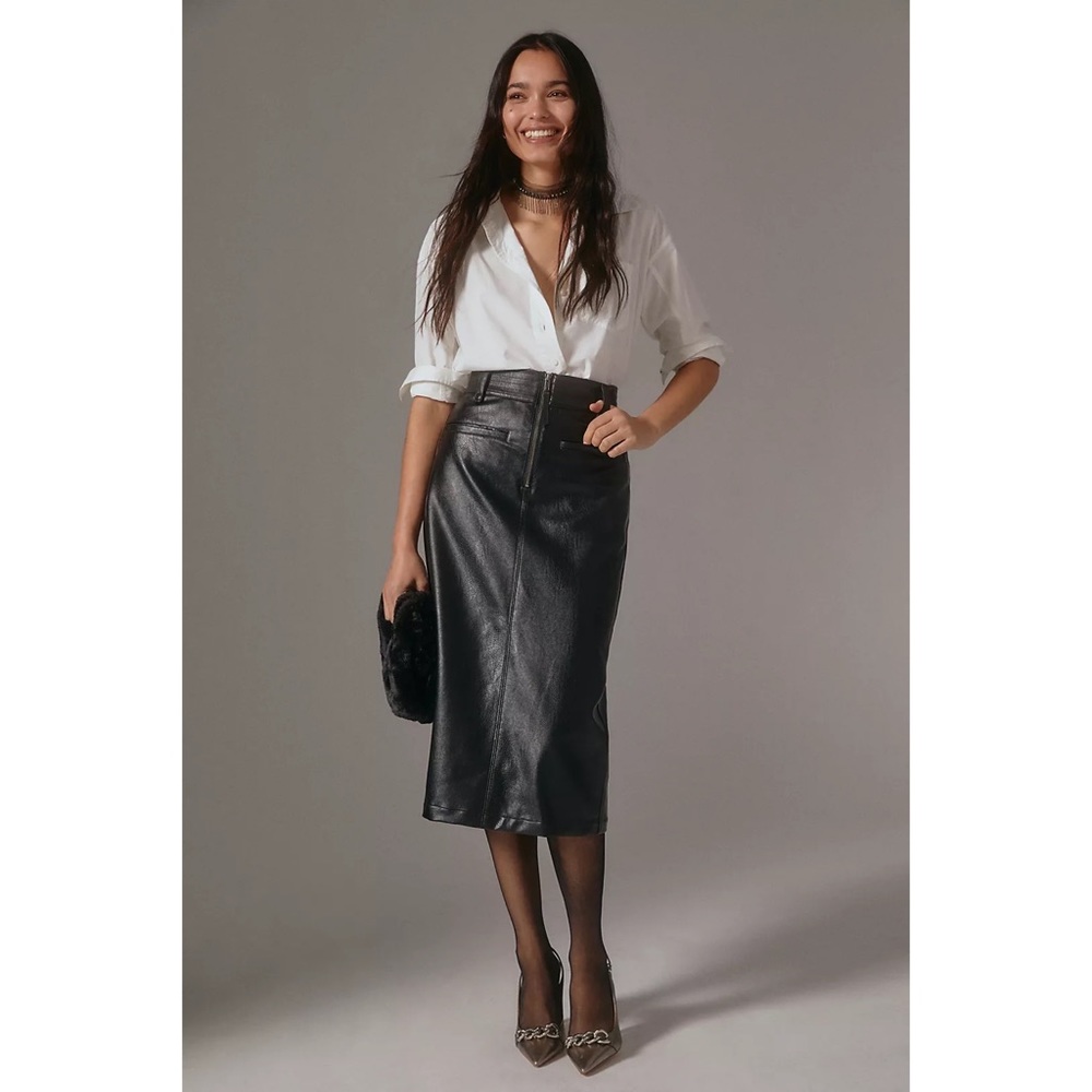 Anthropologie Pilcro Faux Vegan Leather Moto Midi Skirt Black Sz 6